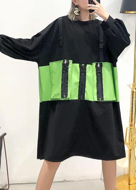 Simple Black Patchwork Green Cotton Tunics O Neck Zippered Knee Dress