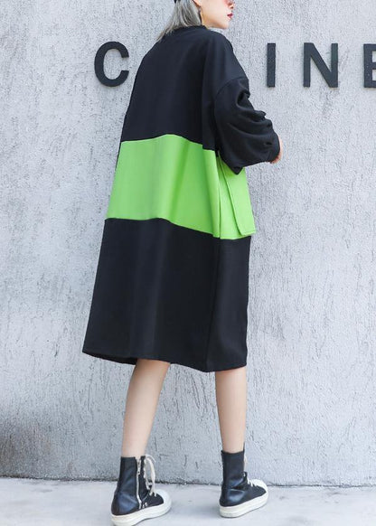 Simple Black Patchwork Green Cotton Tunics O Neck Zippered Knee Dress