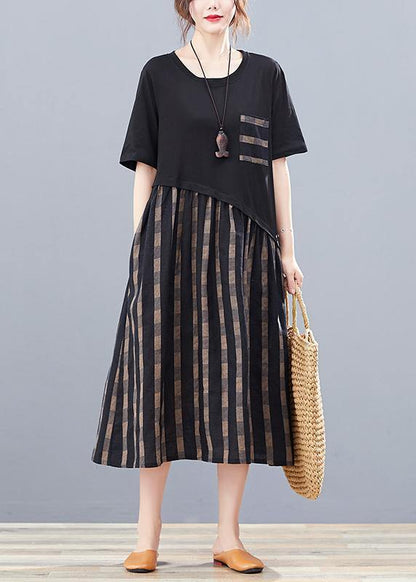 Simple Black Patchwork Plaid Cotton Clothes O Neck Traveling Summer Dresses
