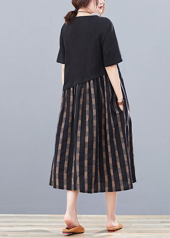 Simple Black Patchwork Plaid Cotton Clothes O Neck Traveling Summer Dresses