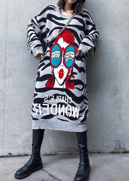 Simple Black Print Sweater Aesthetic Street Style O Neck Art Knitwear