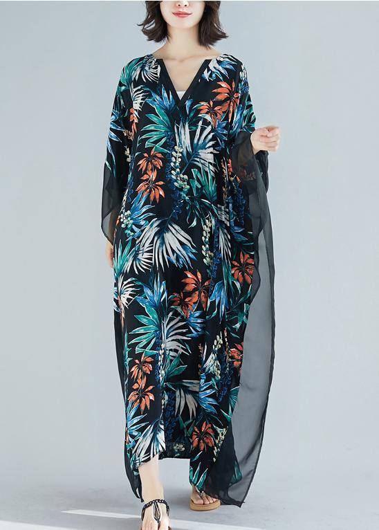 Simple Black Print Chiffon Dresses Omychic Ideas V Neck Patchwork Traveling Summer Dress