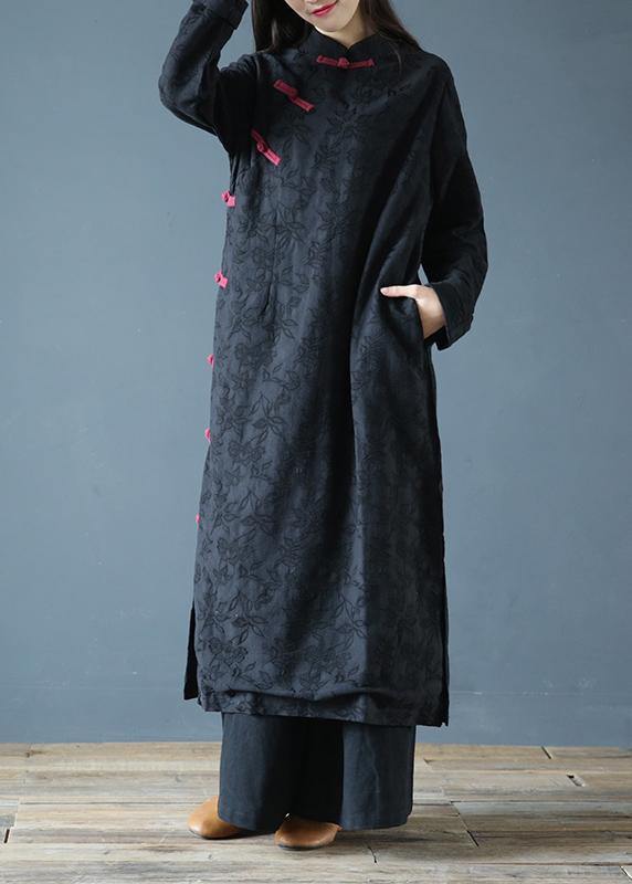 Simple Black Print Clothes Stand Collar Chinese Button Kaftan Dresses