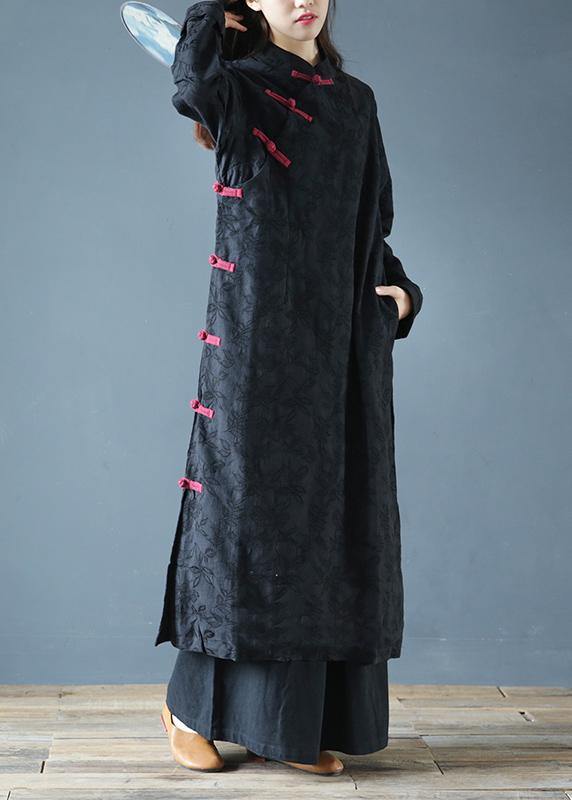 Simple Black Print Clothes Stand Collar Chinese Button Kaftan Dresses