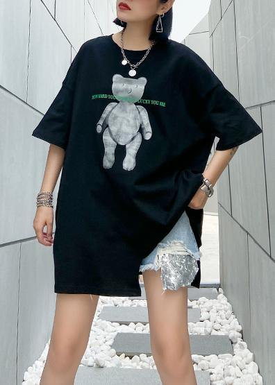 Simple Black Print Cotton Clothes O Neck Dresses Top