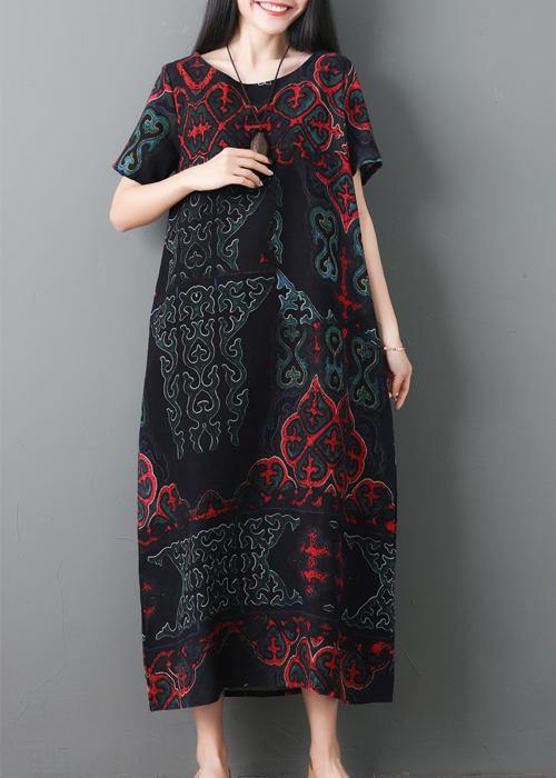 Simple Black Prints Cotton Quilting Clothes Short Sleeve Maxi Summer Dresses