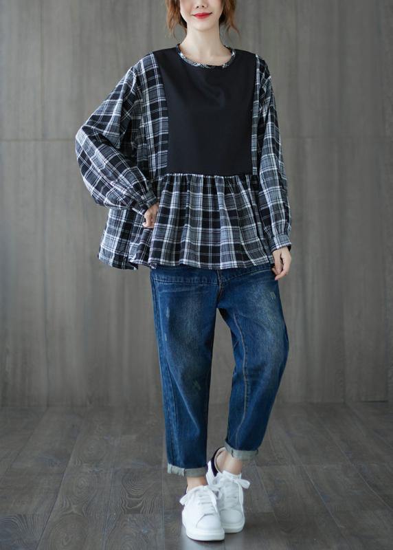 Simple Black Shirts O Neck Patchwork Cotton Top