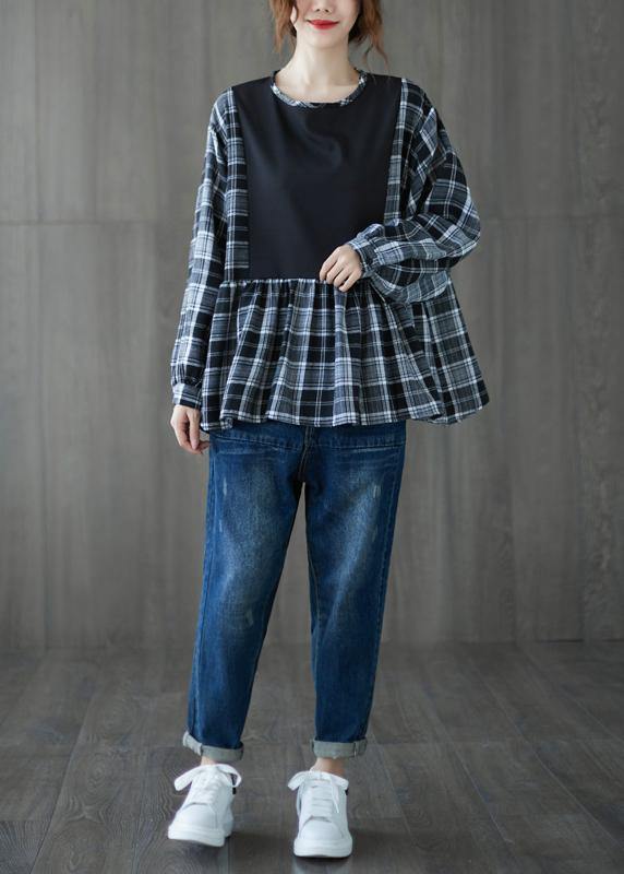Simple black shirts women o neck patchwork cotton top