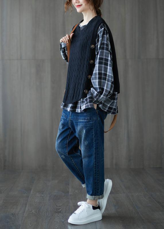 Simple Black Shirts O Neck Patchwork Cotton Top