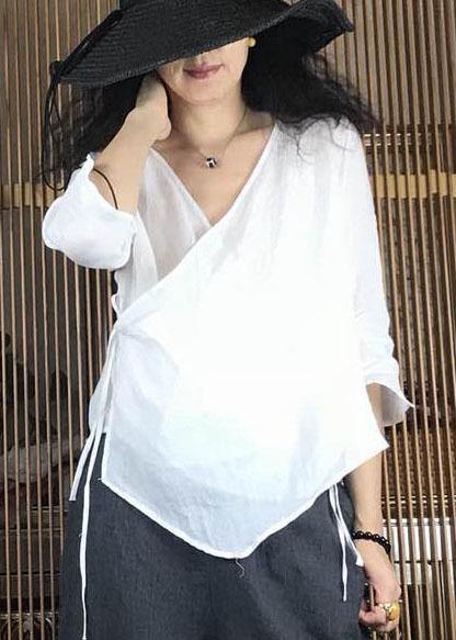 Simple Black V Neck Linen Shirts Asymmetric Hem Clothing Fall Shirts