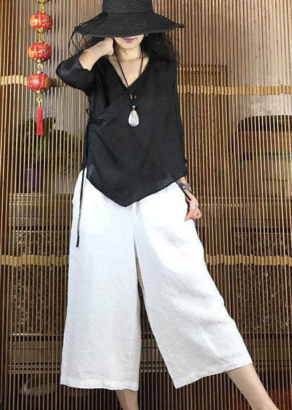 Simple Black V Neck Linen Shirts Asymmetric Hem Clothing Fall Shirts