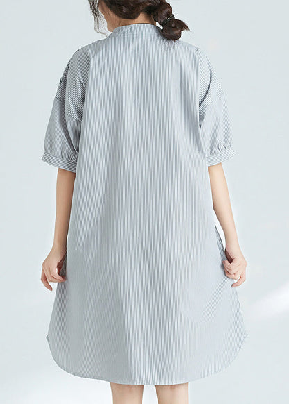 Simple Black White Striped Cotton Dresses Fine Sewing Stand Collar Tunic Summer Dress