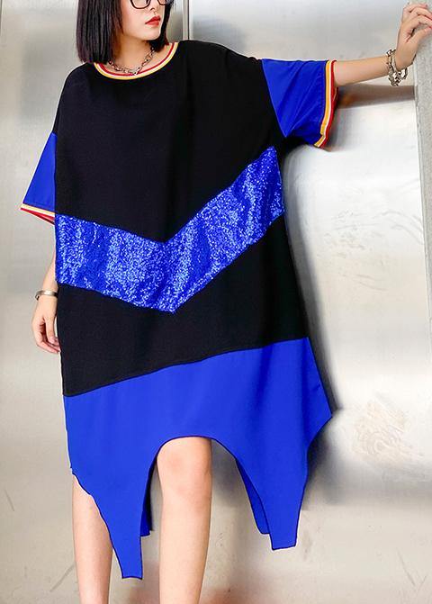 Simple Blue Cotton Dresses O Neck Sequined Art Summer Dresses