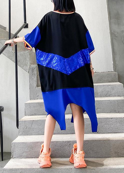 Simple Blue Cotton Dresses O Neck Sequined Art Summer Dresses