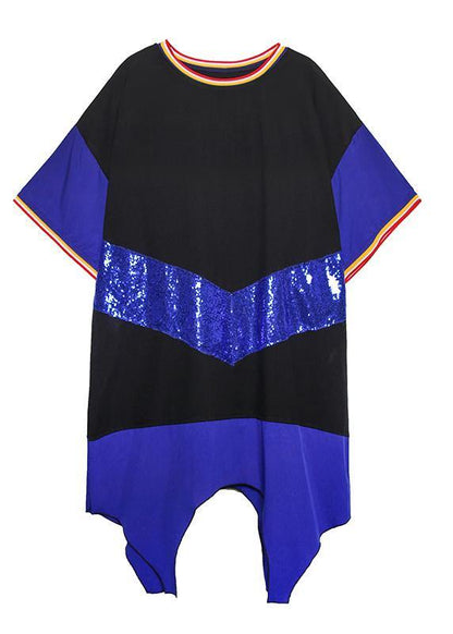 Simple Blue Cotton Dresses O Neck Sequined Art Summer Dresses