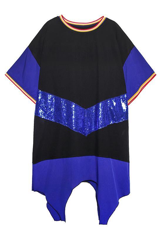 Simple Blue Cotton Dresses O Neck Sequined Art Summer Dresses