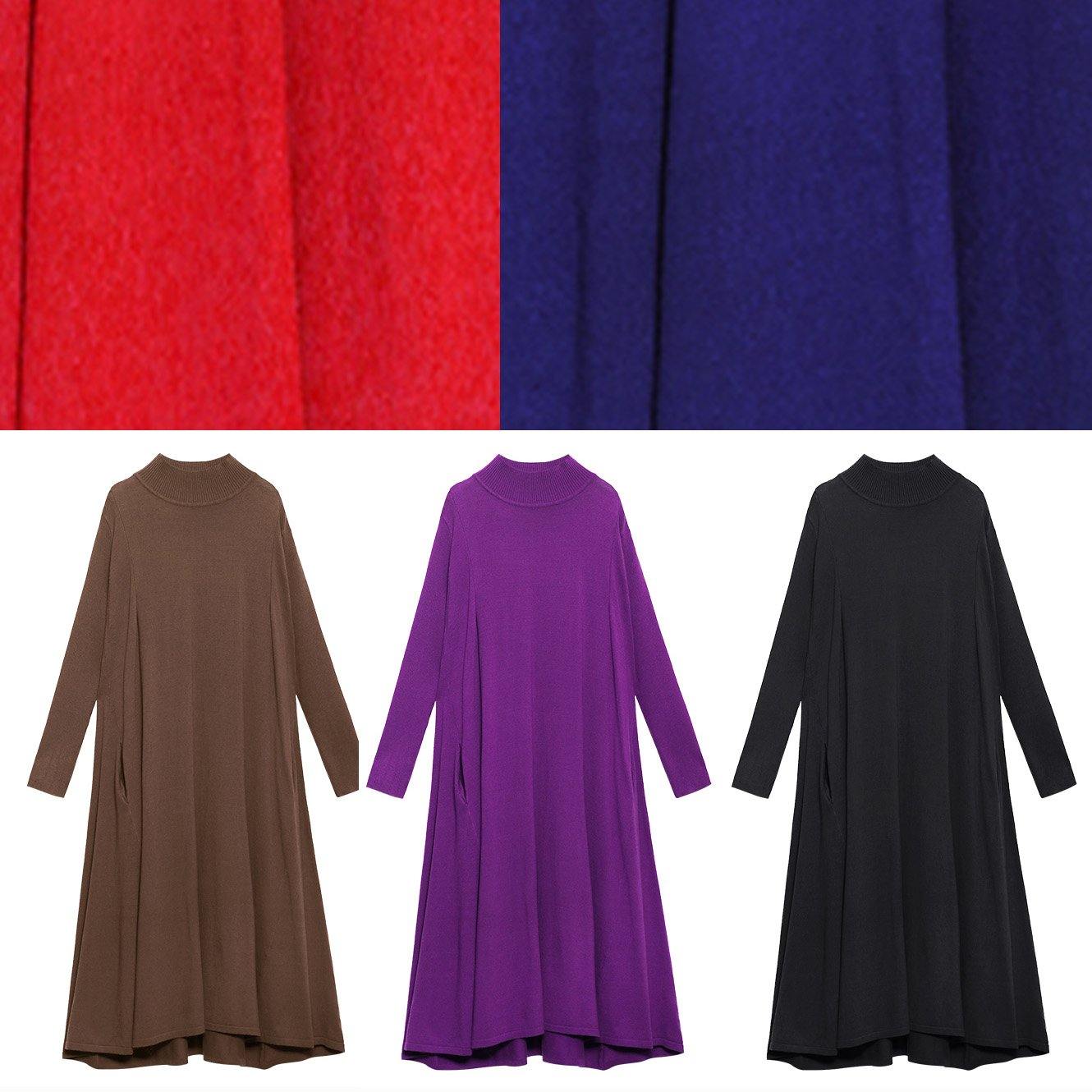 Simple Blue Sweater Dress Outfit Street Style High Neck Pockets Ugly Knit Dresses