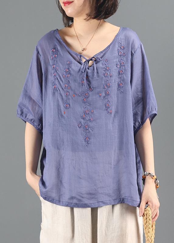 Simple Blue Embroidery Top Sewing O Neck Short Sleeve Shirts