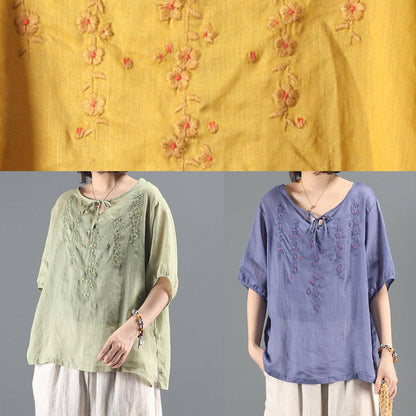Simple Blue Embroidery Top Sewing O Neck Short Sleeve Shirts