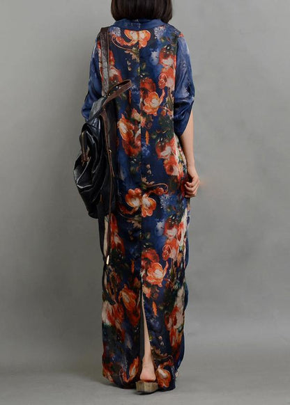 Simple Blue Print Chiffon Dress Long Fitted Ideas V Neck Asymmetric Linen Robes Summer Dresses