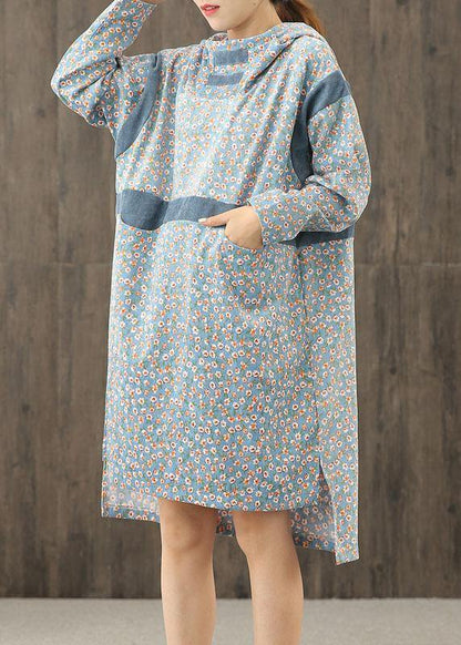 Simple Blue Print Hooded Patchwork Shift Dresses