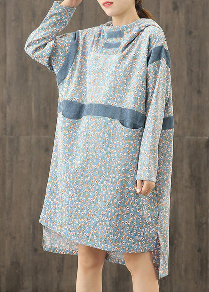 Simple Blue Print Hooded Patchwork Shift Dresses