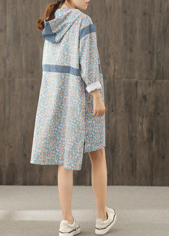 Simple Blue Print Hooded Patchwork Shift Dresses
