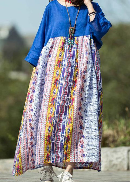 Simple Blue Print Linen Robes Patchwork O Neck Robe Summer Dress