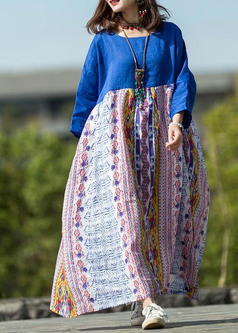 Simple Blue Print Linen Robes Patchwork O Neck Robe Summer Dress