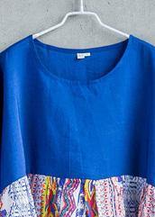 Simple Blue Print Linen Robes Patchwork O Neck Robe Summer Dress