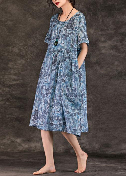 Simple Blue Print Linen Clothes O Neck Pockets Loose Summer Dress