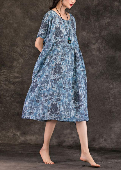 Simple Blue Print Linen Clothes O Neck Pockets Loose Summer Dress