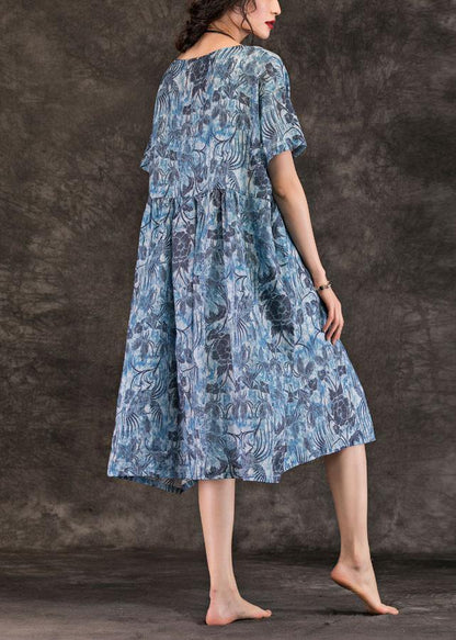 Simple Blue Print Linen Clothes O Neck Pockets Loose Summer Dress