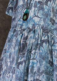 Simple Blue Print Linen Clothes O Neck Pockets Loose Summer Dress