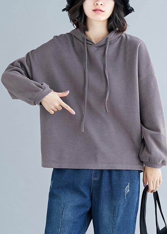 Simple Brown Cotton Tops Hooded Drawstring Clothing Fall Tops