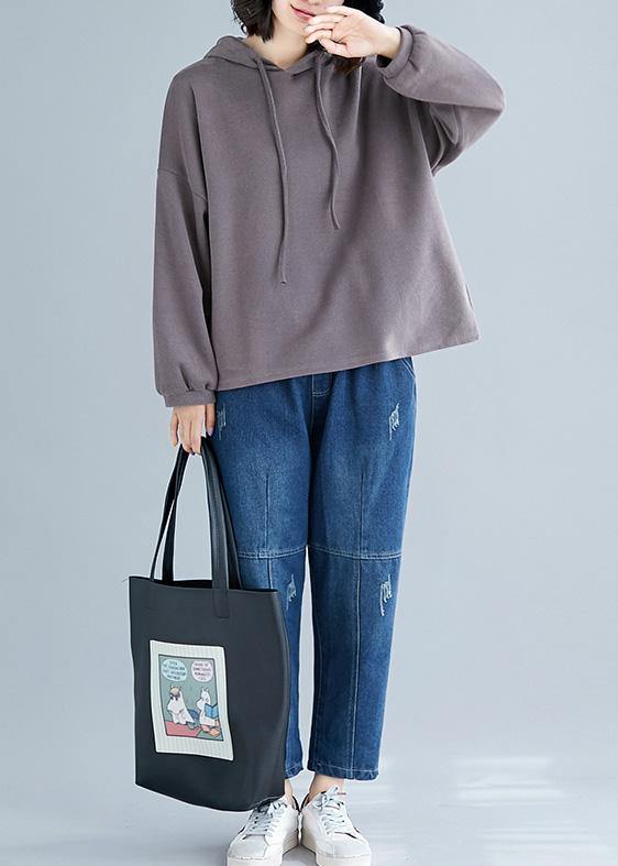 Simple Brown Cotton Tops Hooded Drawstring Clothing Fall Tops