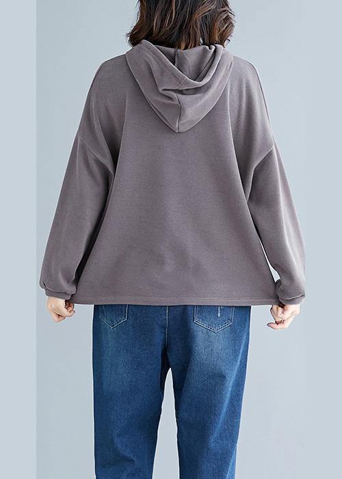 Simple Brown Cotton Tops Hooded Drawstring Clothing Fall Tops