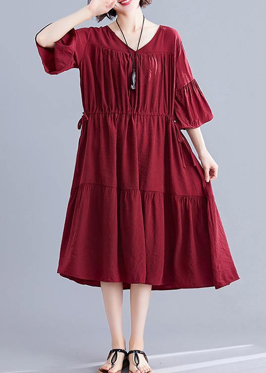 Simple Burgundy Cotton Clothes V Neck Drawstring Summer Dresses