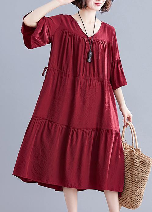 Simple Burgundy Cotton Clothes V Neck Drawstring Summer Dresses