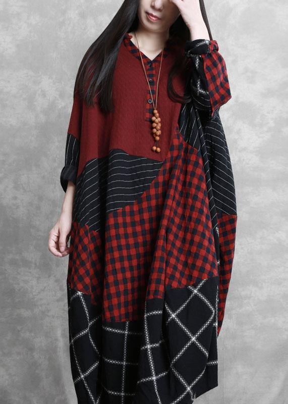 Simple Burgundy Plaid Clothes V Neck Patchwork Maxi Dress