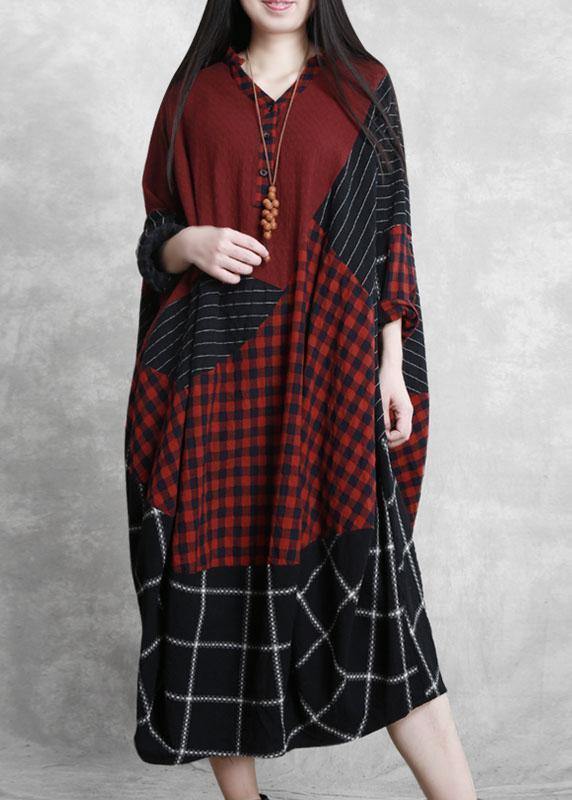 Simple Burgundy Plaid Clothes V Neck Patchwork Maxi Dress