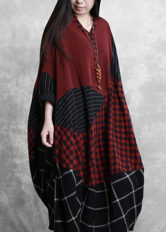 Simple Burgundy Plaid Clothes V Neck Patchwork Maxi Dress
