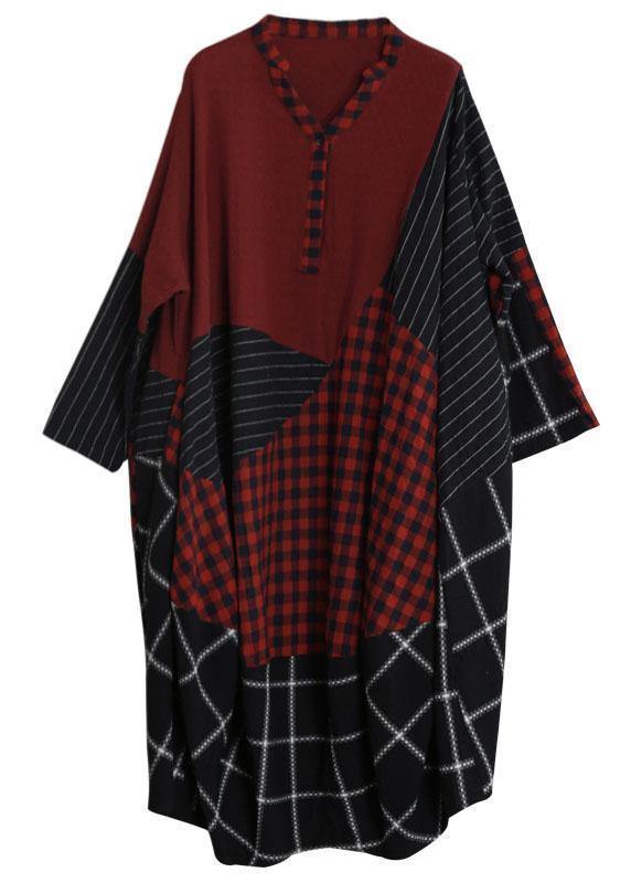 Simple Burgundy Plaid Clothes V Neck Patchwork Maxi Dress
