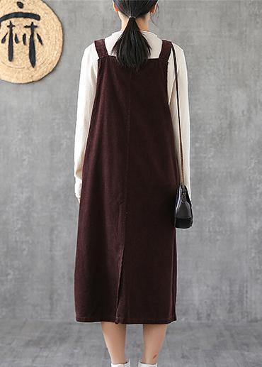 Simple Chocolate Cotton Tunics Spaghetti Strap Pockets Kaftan Dresses