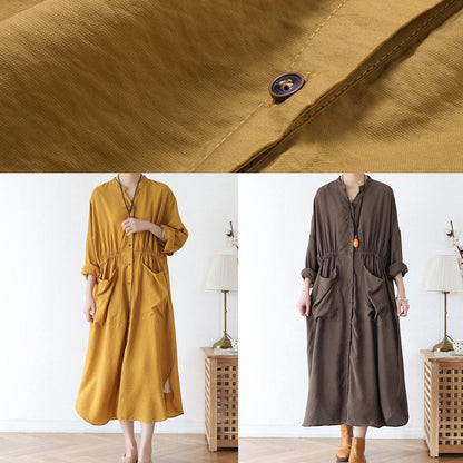 Simple Chocolate Cotton Quilting Dresses V Neck Pockets Traveling Spring Dresses