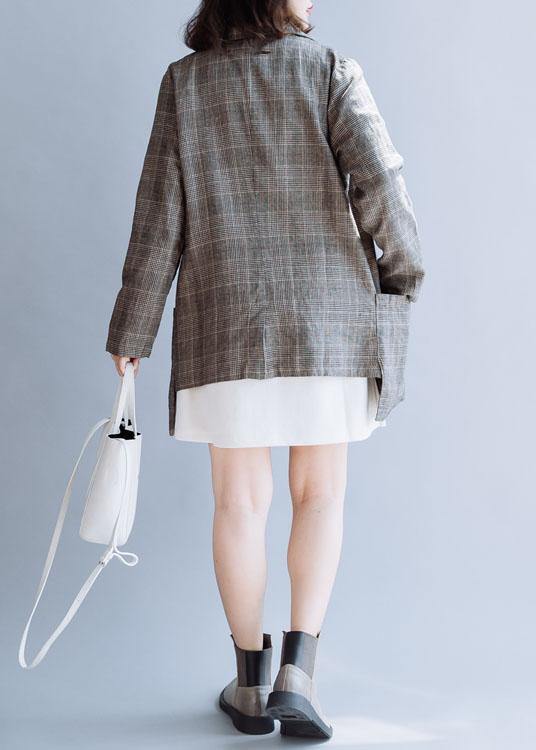 Simple Chocolate Plaid Cotton Shirts Notched Double Breast Midi Fall Top