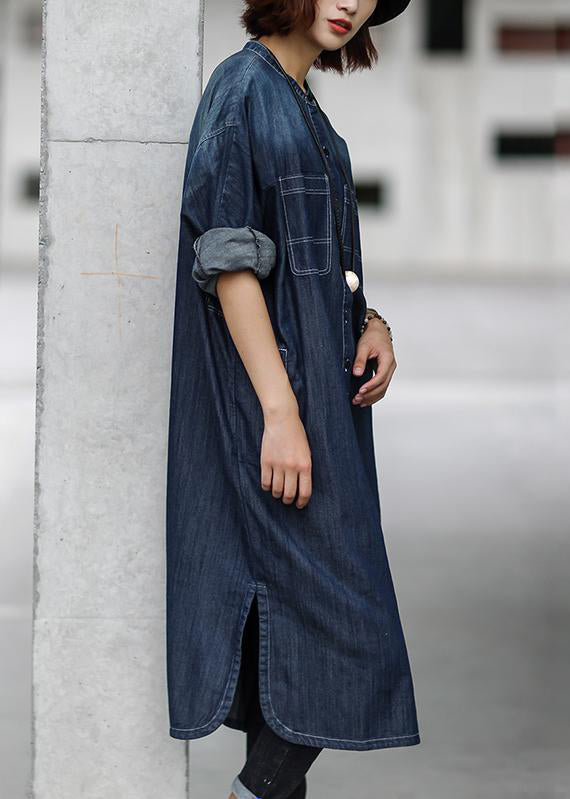 Simple Cotton Dress Fitted Blue Autumn Cotton Slit Denim Dress
