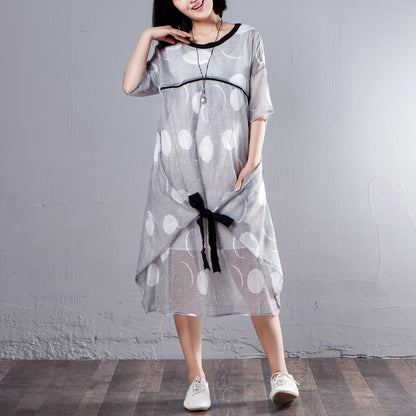 Simple Cotton Linen Tunic Dress Fine Loose Half Sleeve Stripe Round Neck Dress