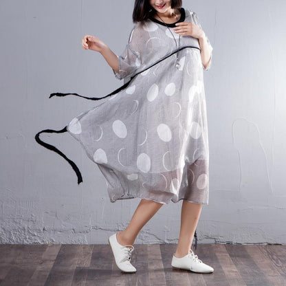 Simple Cotton Linen Tunic Dress Fine Loose Half Sleeve Stripe Round Neck Dress