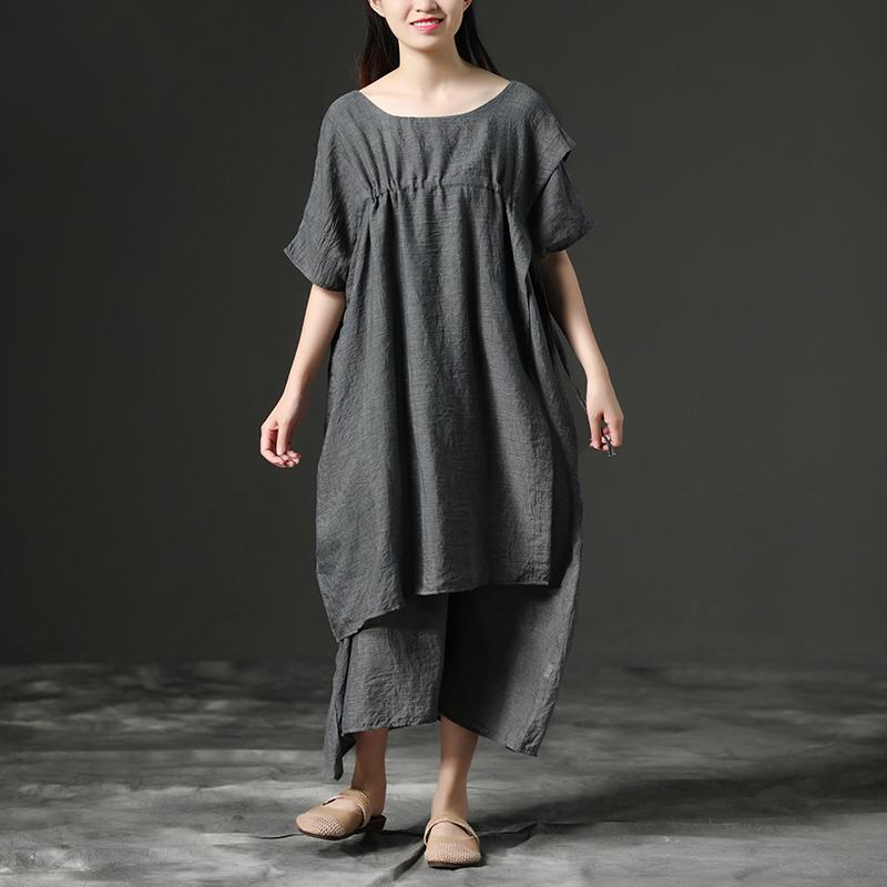 Simple Cotton Tunic Dressfashion Short Sleeve Gray Loose Cotton Dress